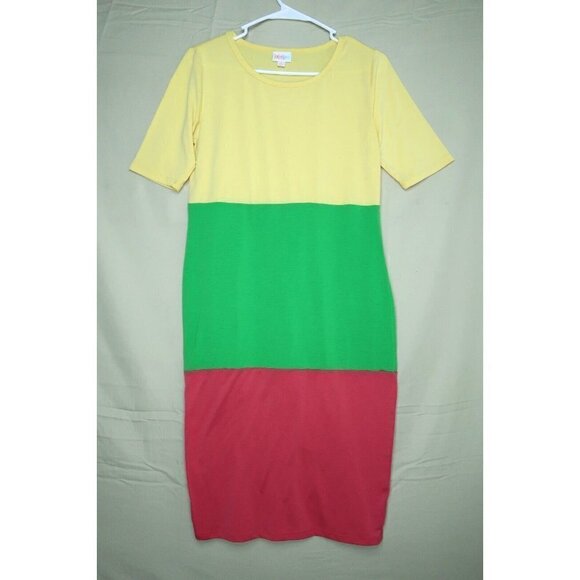 LuLaRoe Julia T Shirt Dress Color Block Yellow Green Red Short Sleeve Size Small - Picture 1 of 12